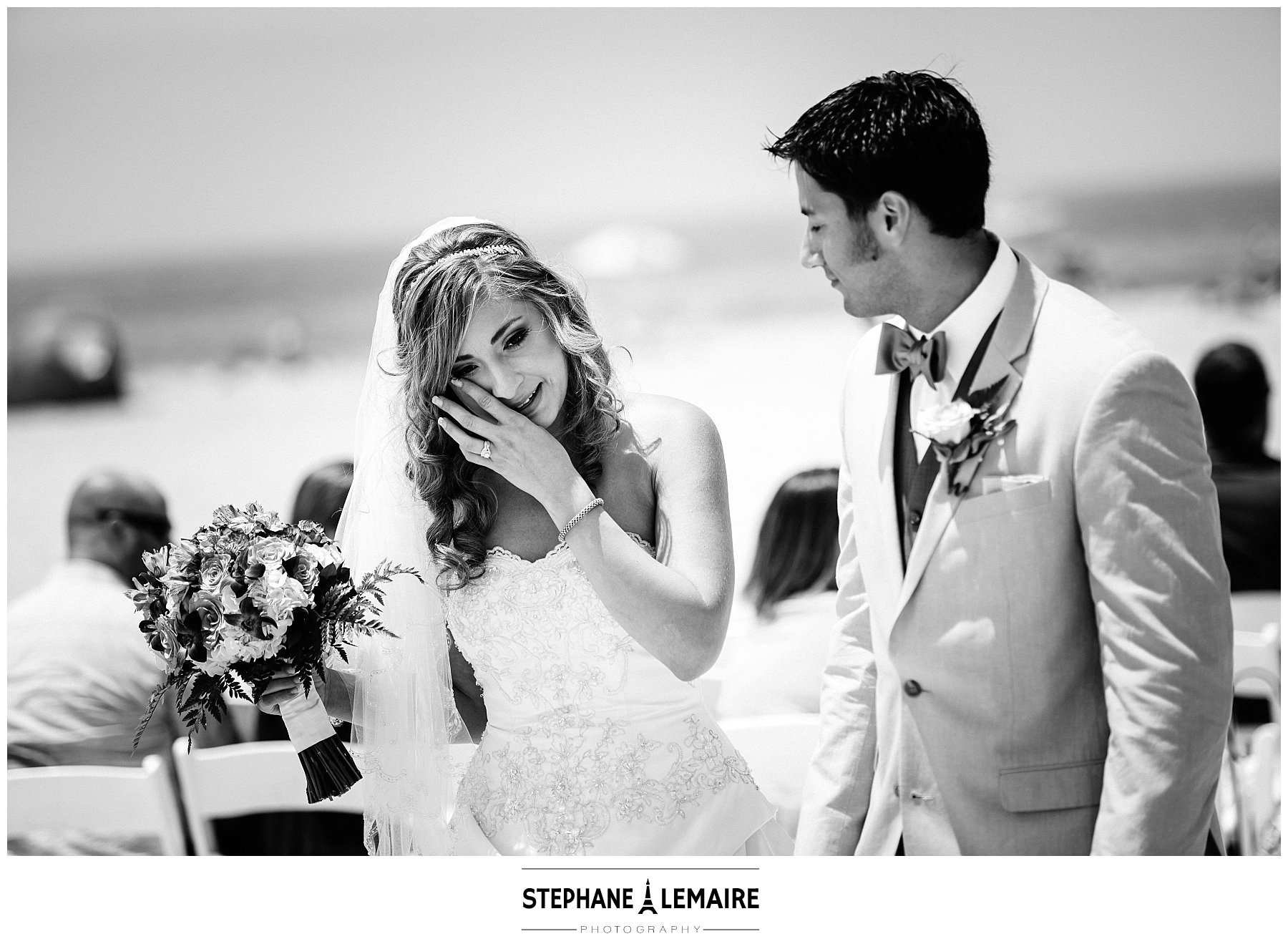 San Diego Wedding Session-Ceremony at Coronado Beach- Bride wiping a tear