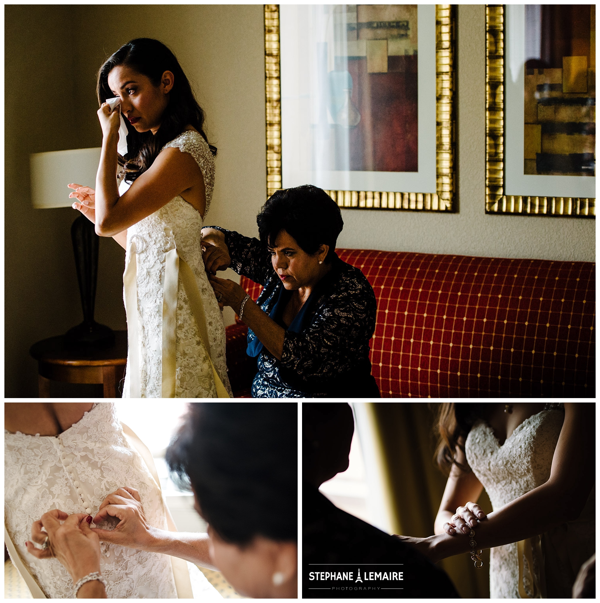 Bride wiping tear after putting on her wedding gown Jardines Arco Iris Wedding by Stephane Lemaire 