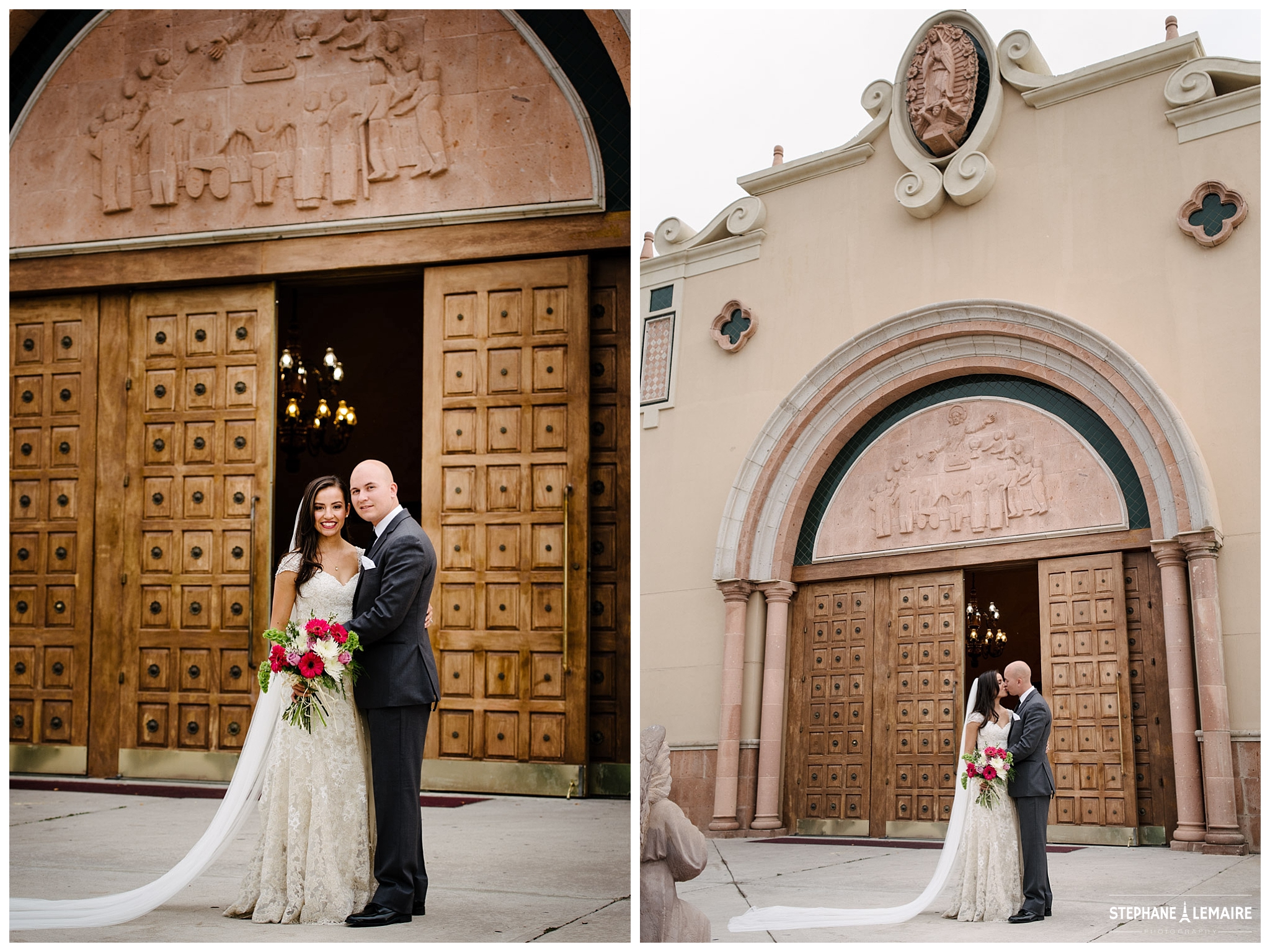 Bride and Groom portraits in front of St Pius Church