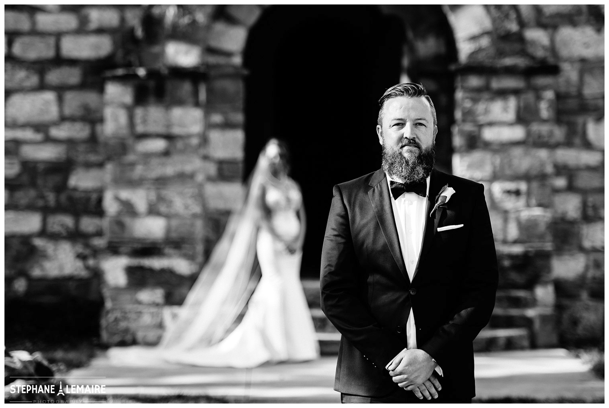 Black and White Portrait Groom waiting to see Bride