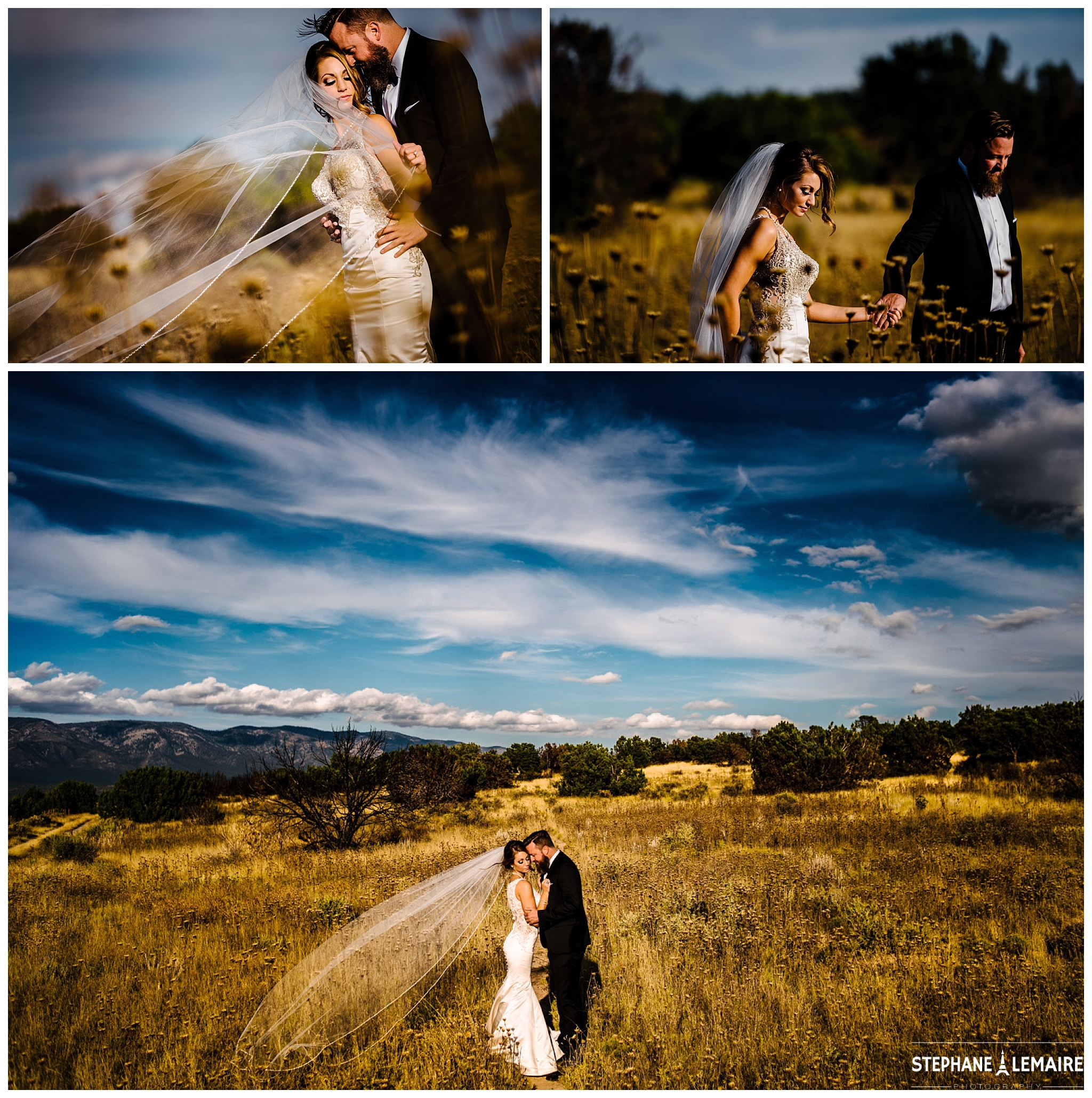 landscape photo of Bride and Groom in field Black and White portrait of Bride and Groom in field at Spencer theater wedding in Ruidoso by Stephane Lemaire Photography 