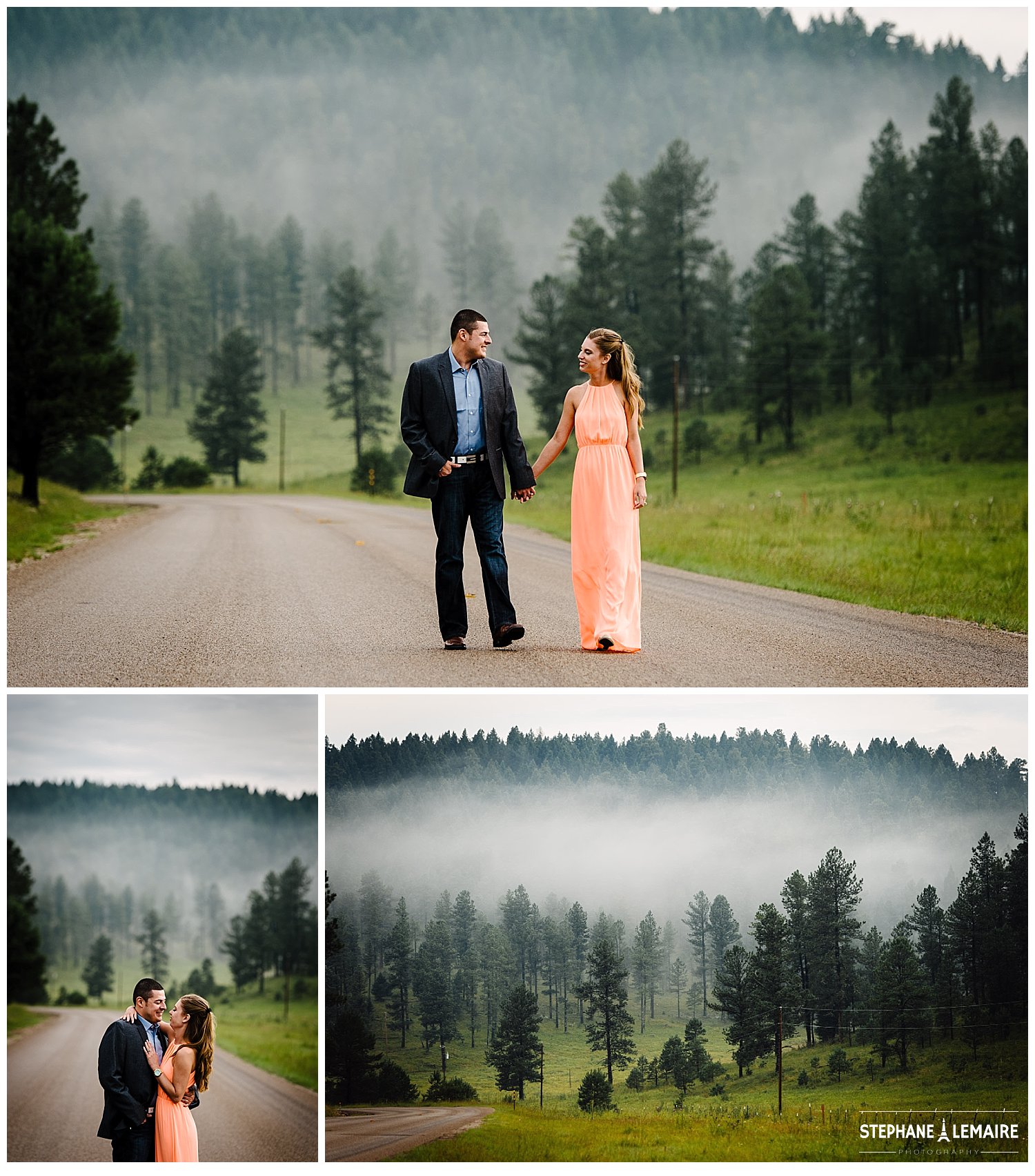 Rustic engagement picture in the mountains with fog. couple is holding hands on a road.