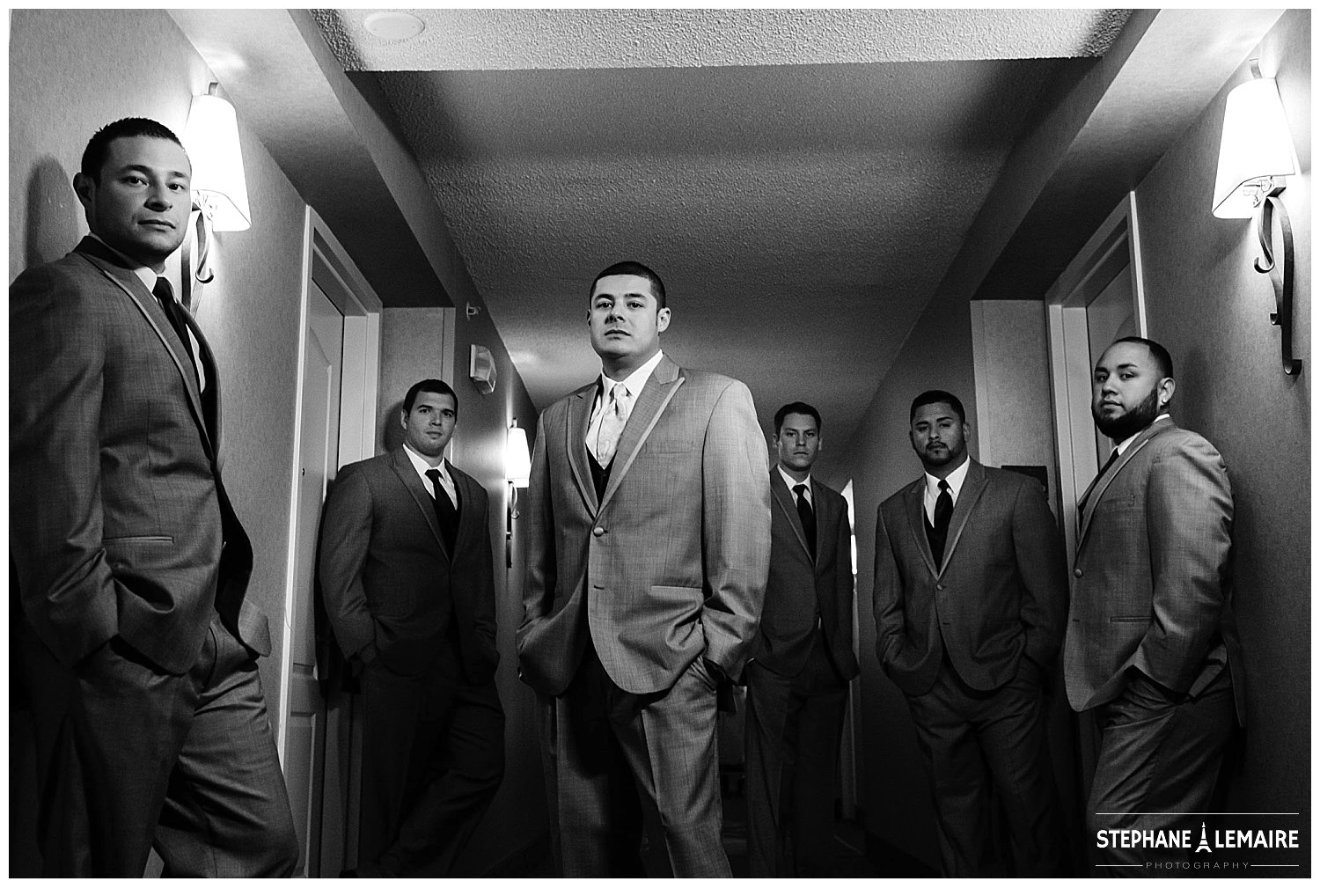 Black and white picture of groom and groomsmen.