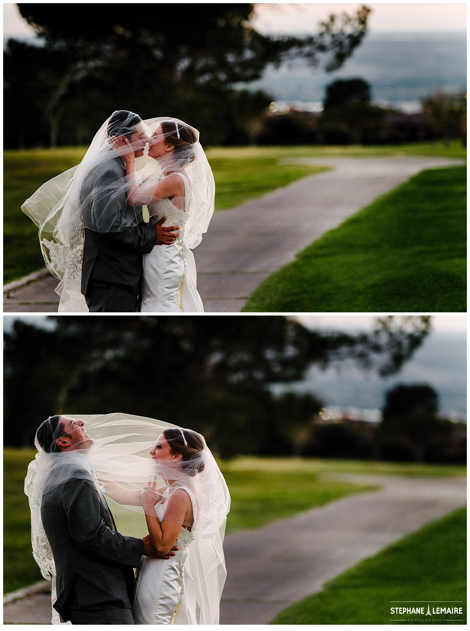 Bride and groom laughing and kissing under veil at the el paso Coronado country club.