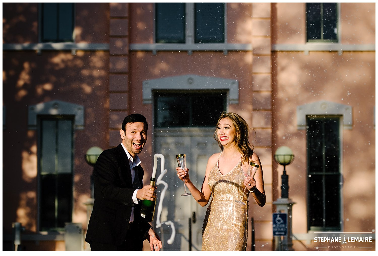 Couple in champagne dress and suit pops champagne in editorial style Marfa shoot.