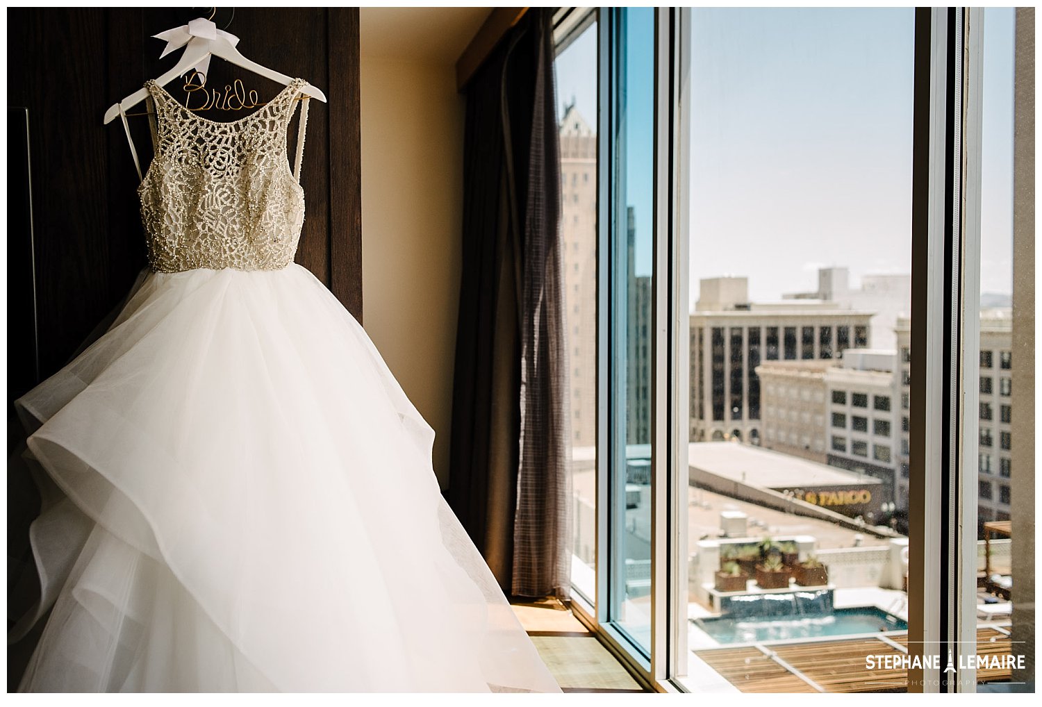 wedding dress at Hotel Indigo in el paso texas by stephane lemaire photography