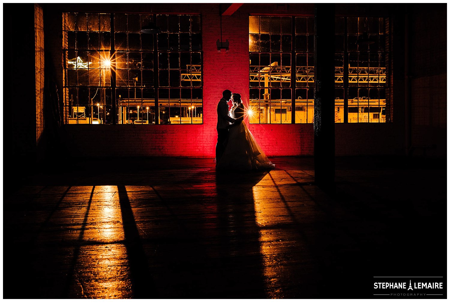 Bride and groom silhouette at Epic Railyard by Stephane Lemaire photography