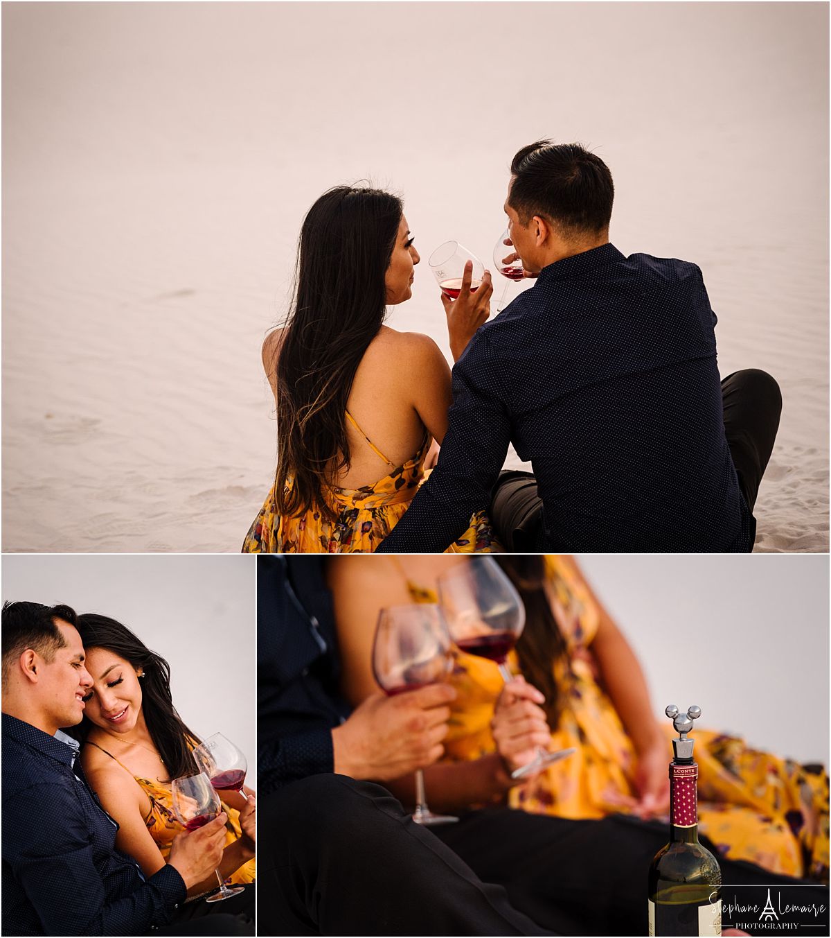 Couple with champagne in white sands New Mexico , photographed by Stephane Lemaire.