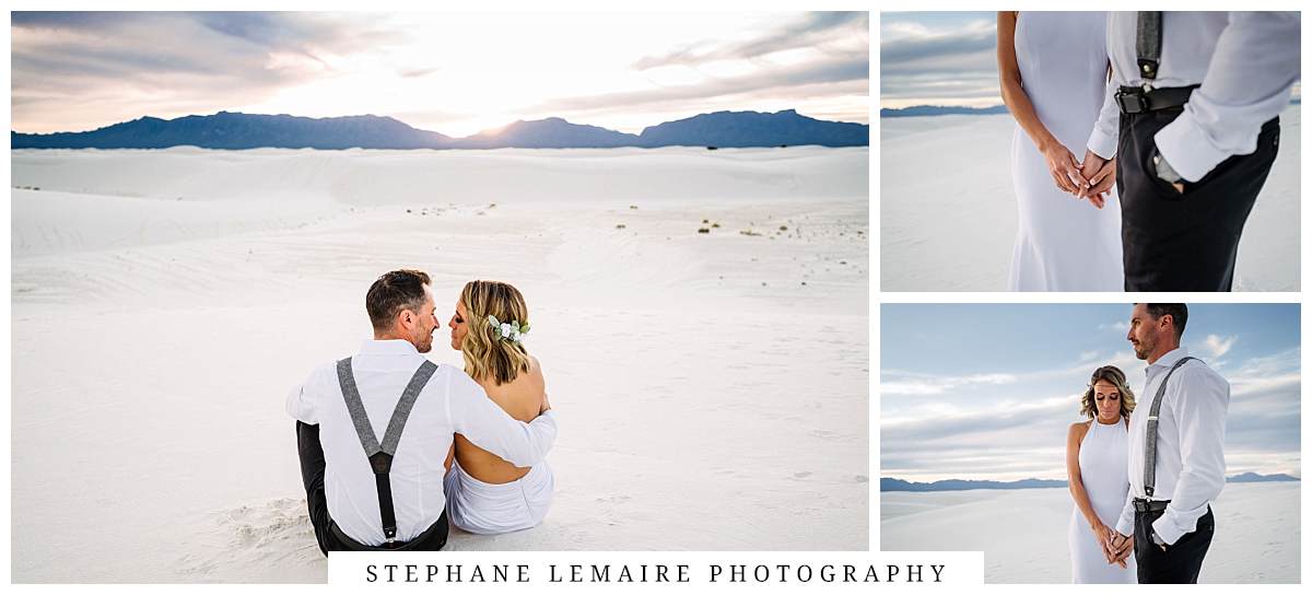 Bride and groom sitting down on sand at sunset at White Sand National park New Mexico