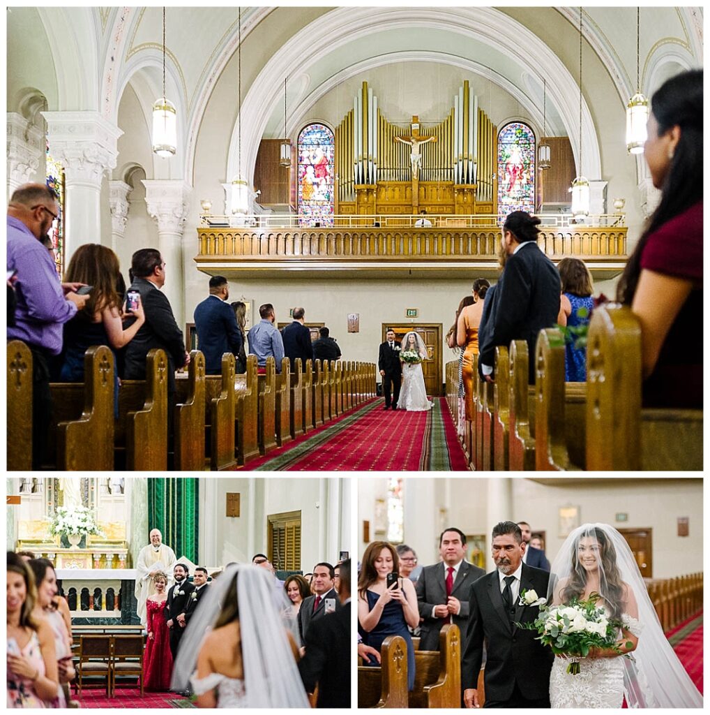 Bride coming down the aisle at saint patrick cathedral in el paso texas