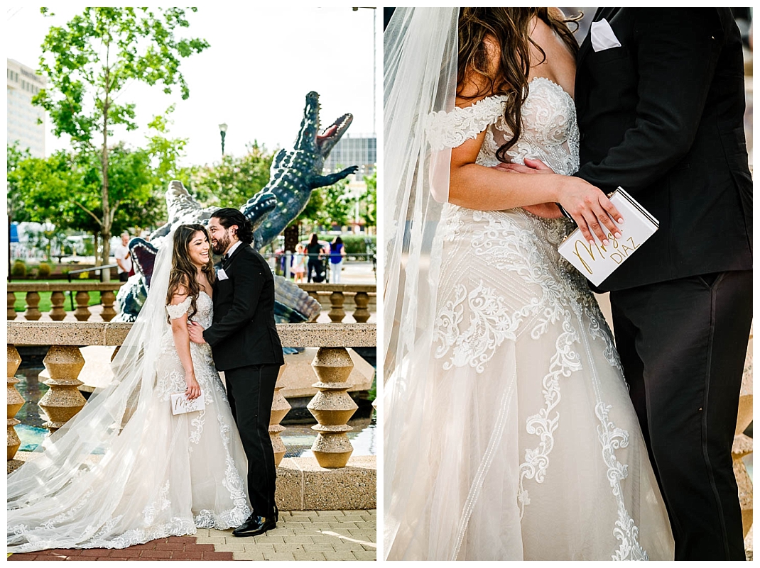 bride and groom at san jacinto plaza in el paso texas