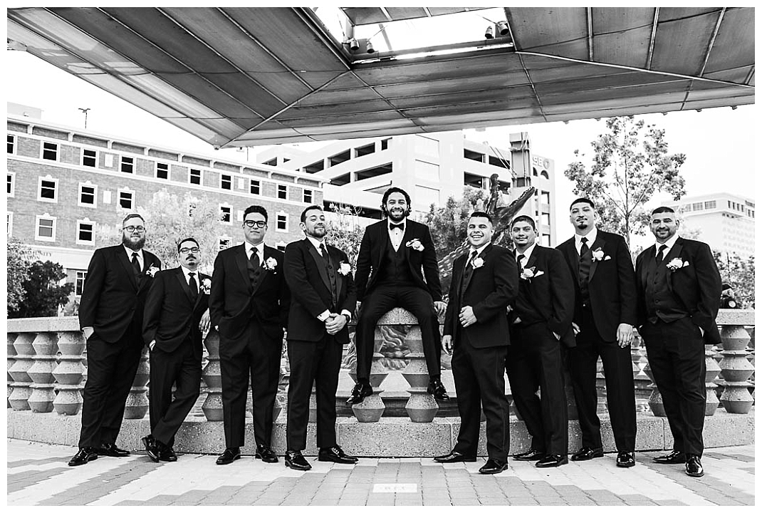 groom and groomsmen at san jacinto plaza in el paso texas