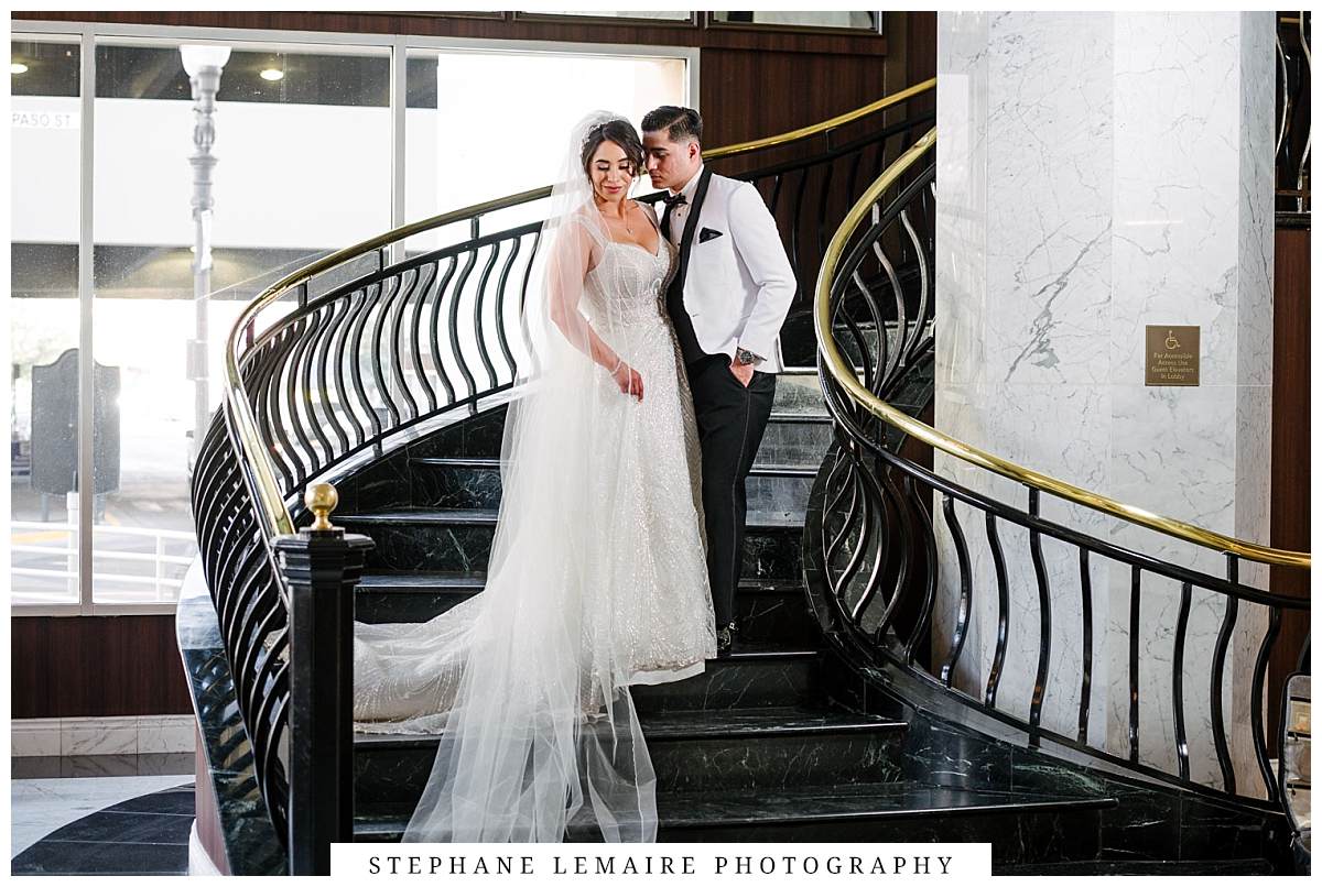 bridal portrait at grand staircase at Hotel Paso Del Norte Wedding 