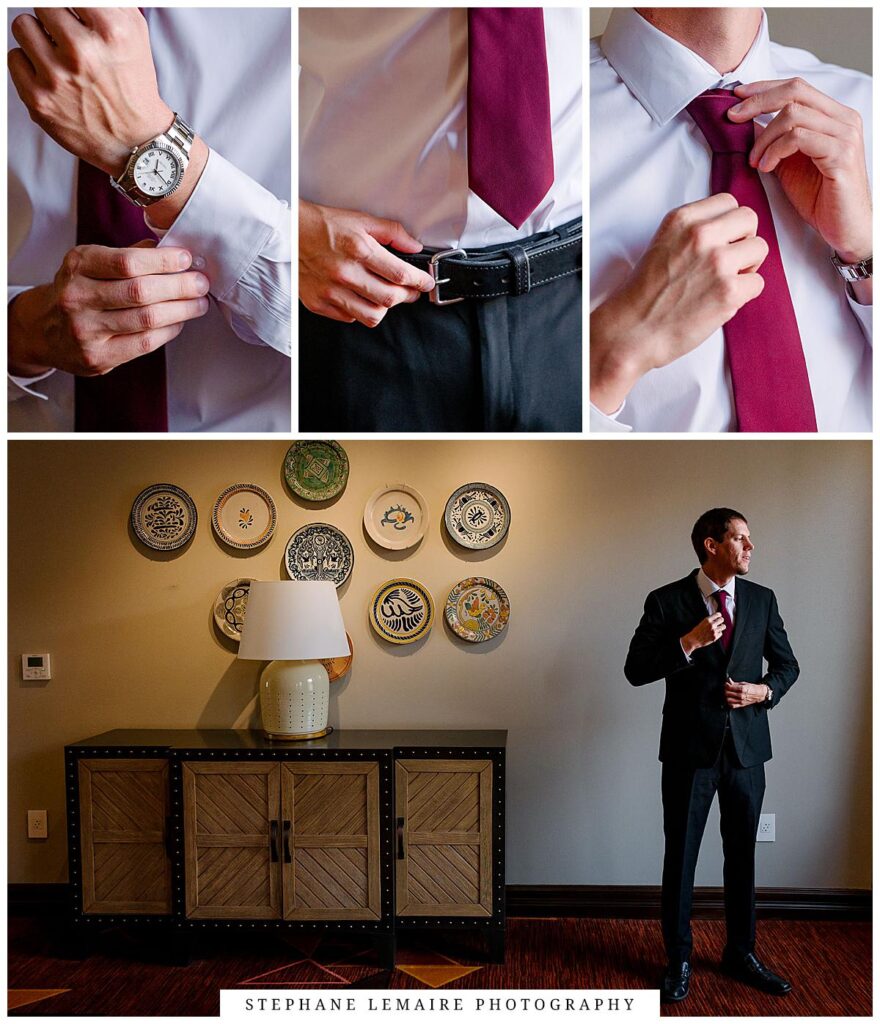 groom getting ready for his wedding at plaza hotel in el paso 