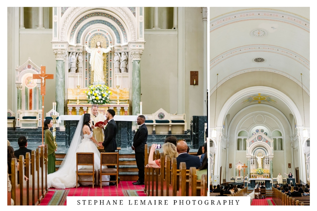 Bride and groom exchanging vows during their wedding ceremony at St. Patrick Cathedral.