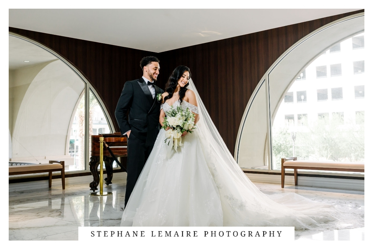 Jessica and David during their wedding portraits on the second floor of Hotel Paso del Norte.