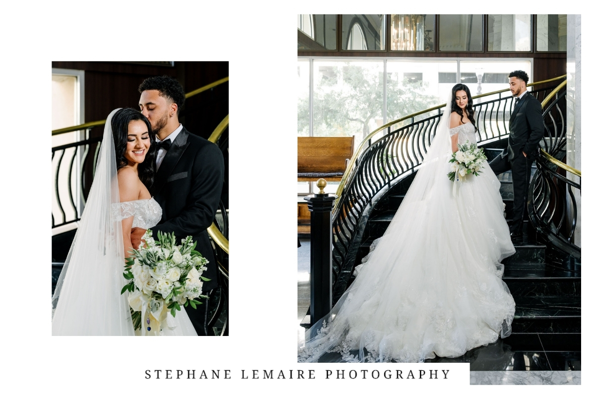 Bride and groom portrait on the grand staircase at Hotel Paso del Norte