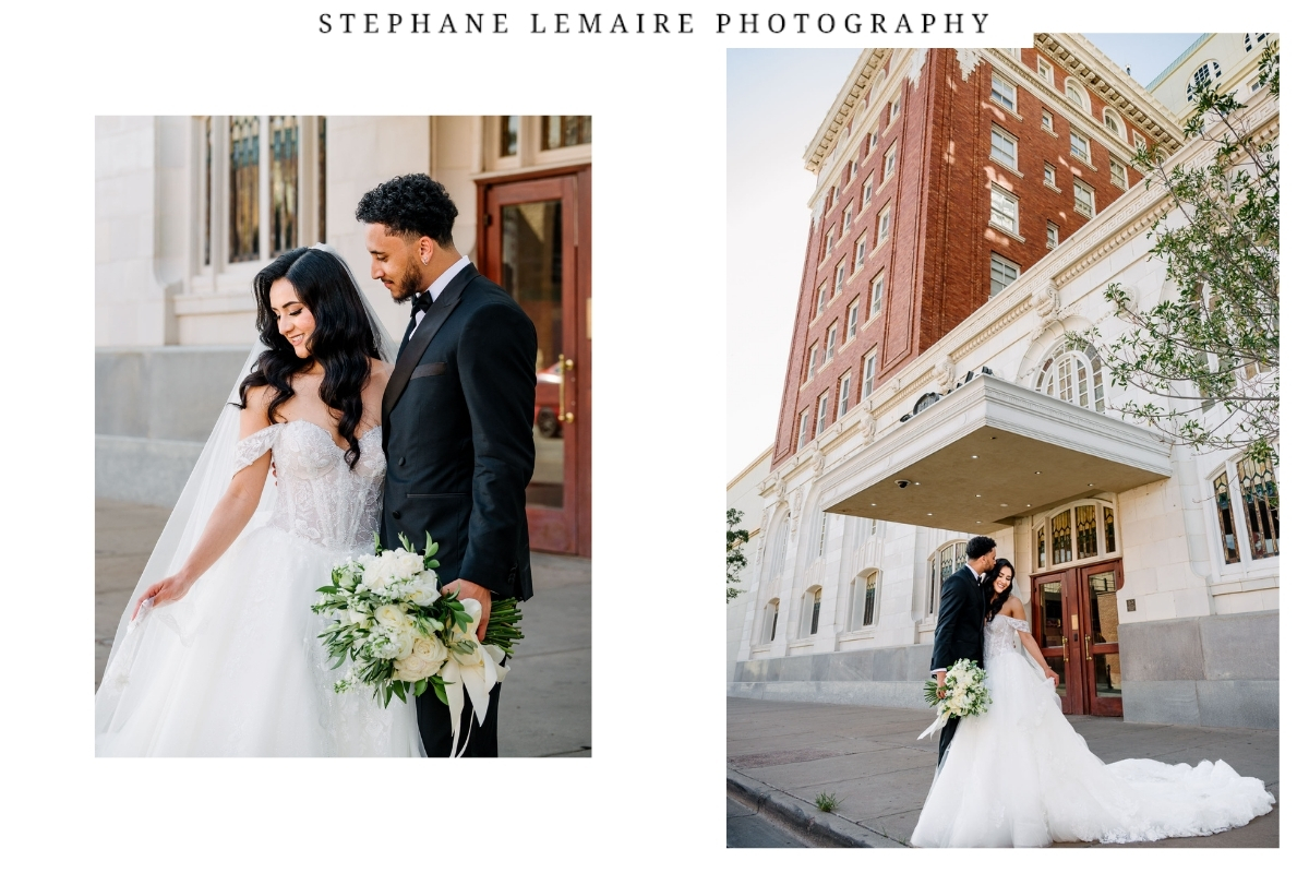 Bride and groom outside the San Antonio entrance of Hotel Paso del Norte in downtown El Paso.