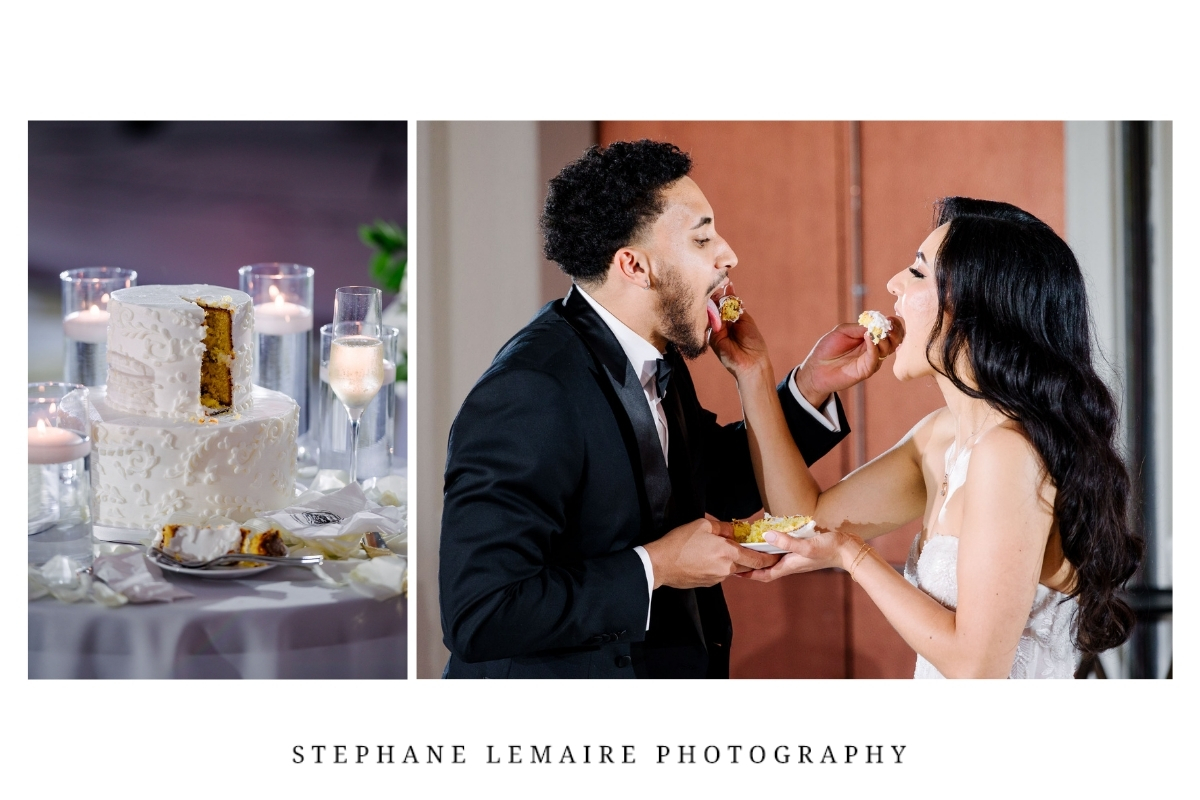 Bride and groom eating their wedding cake at Hotel Paso Del Norte in downtown El Paso, Texas