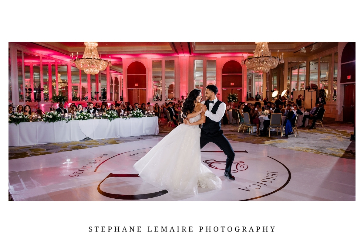Bride and groom performing their first dance surrounded by guests at Hotel Paso del Norte.