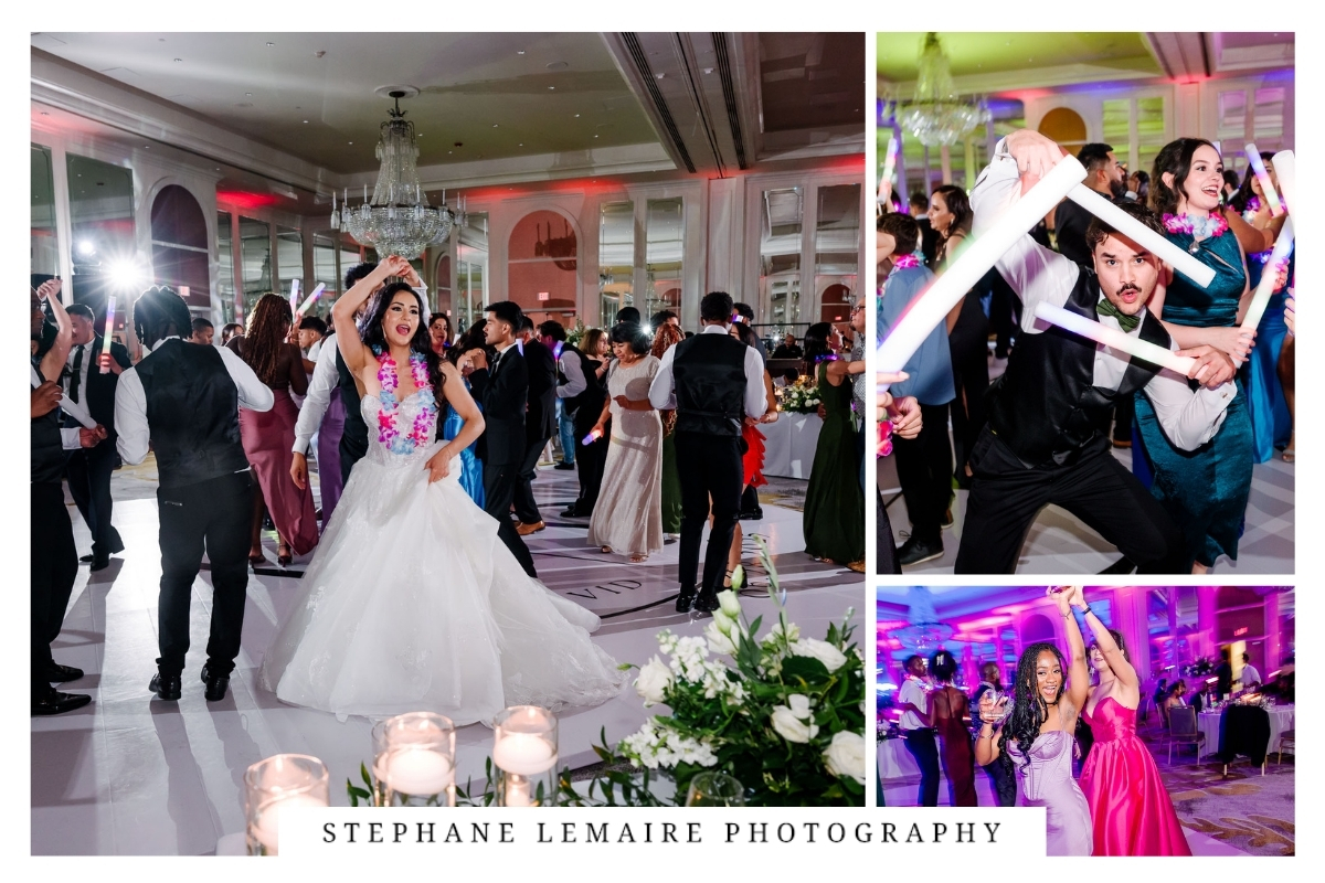 Wedding guests celebrating on the dance floor during a Hotel Paso del Norte wedding reception.
