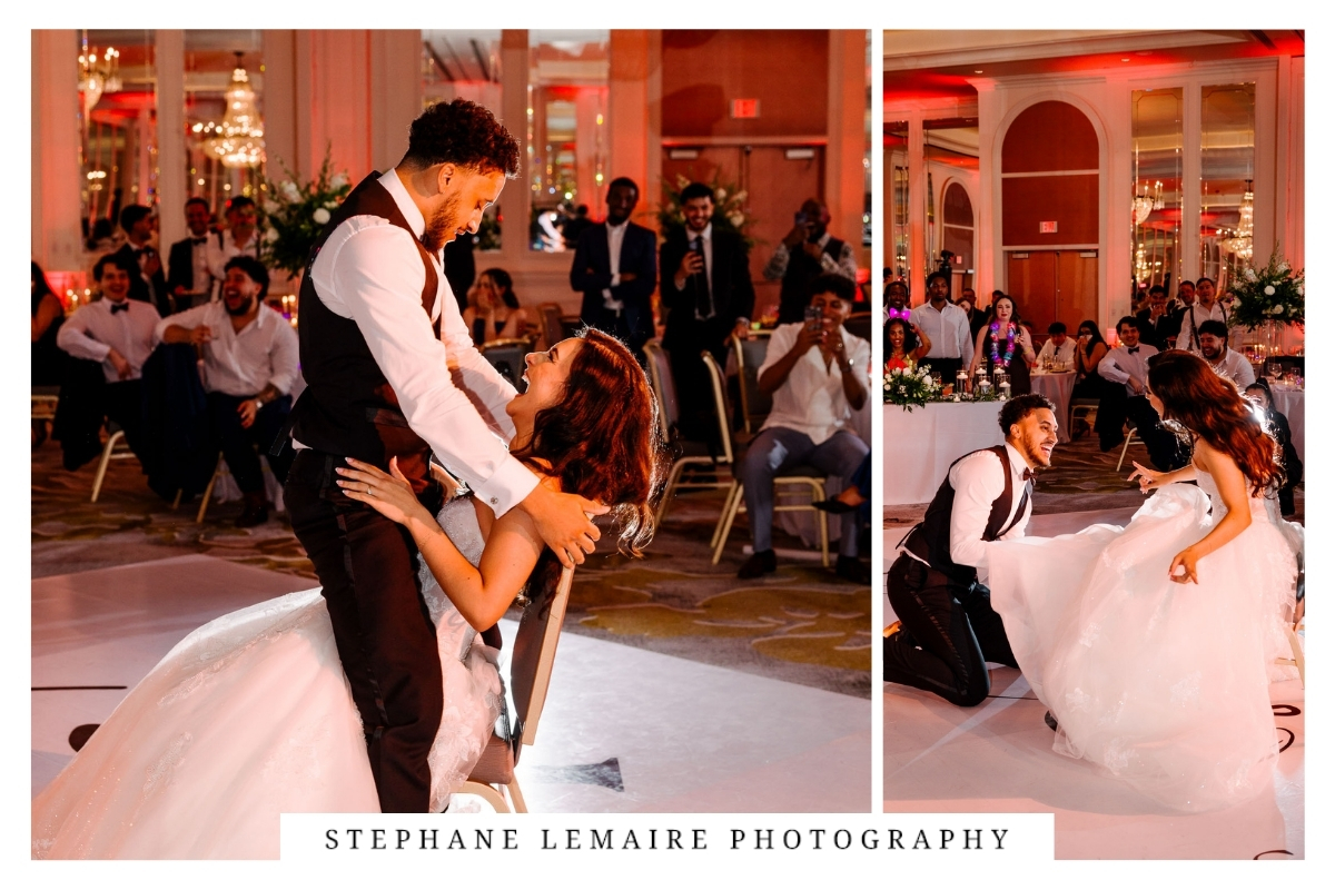 Groom performing his dance to the bride as he takes the garter at Hotel Paso Del Norte.