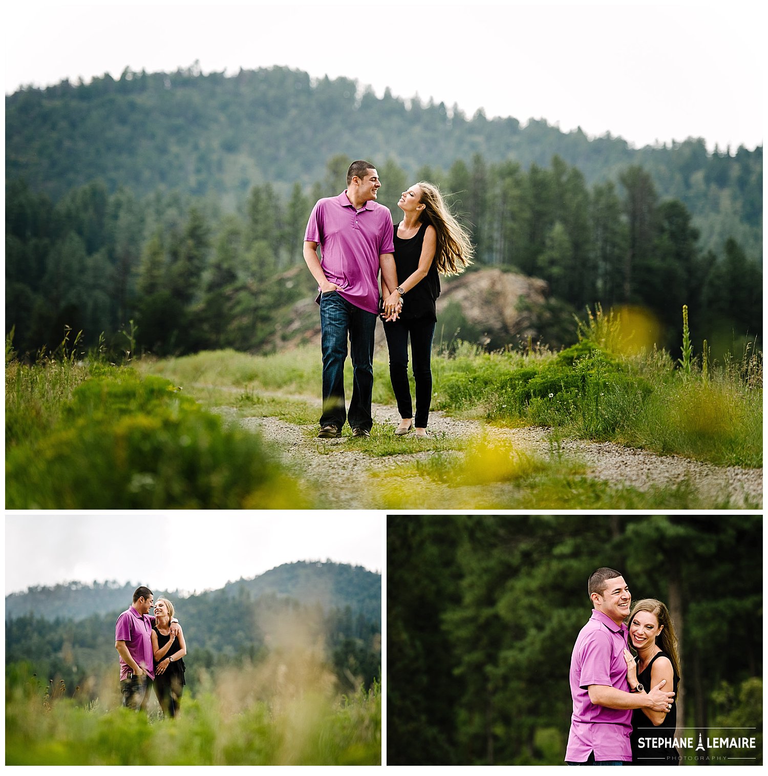 Ruidoso engagement pictures in the mountains. Couple is walking on a dirt road.