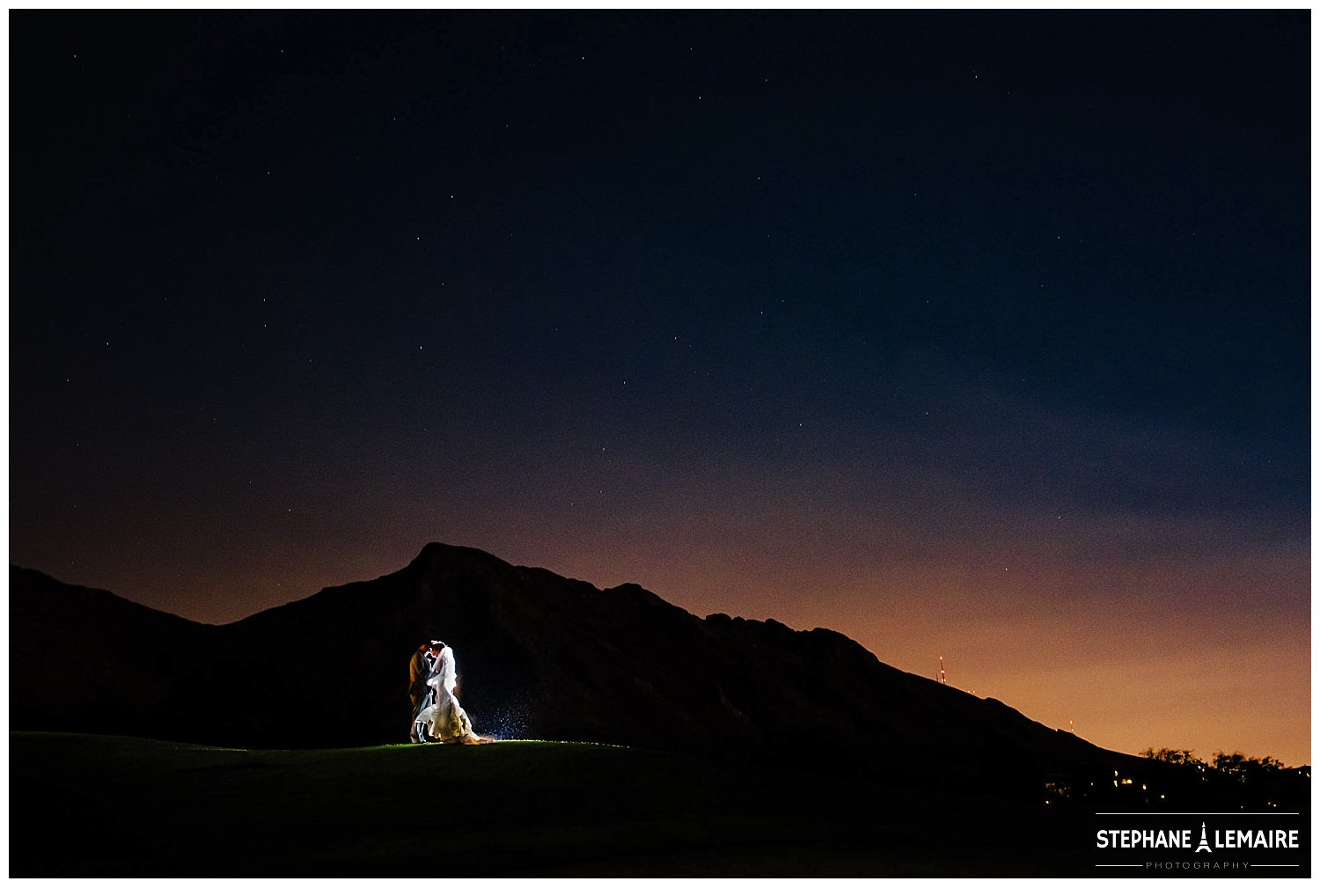 Bride and groom during sunset in mountains at the Coronado Country club in El Paso.