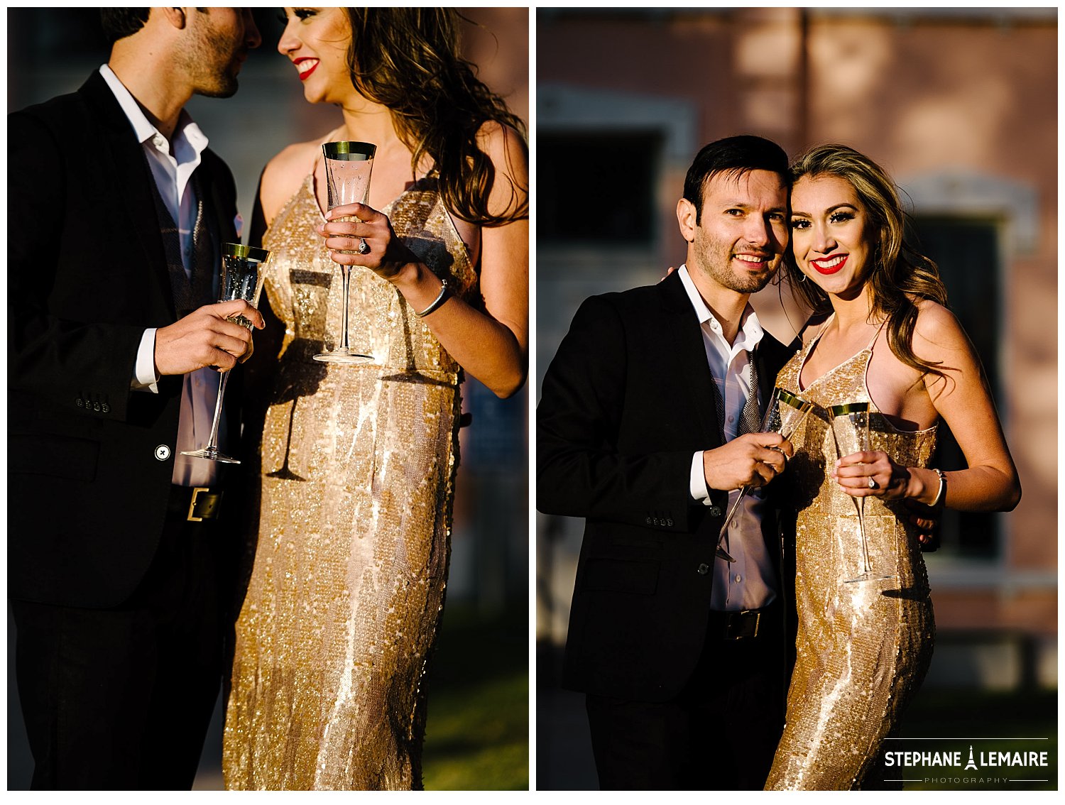 Couple in champagne dress and suit pops champagne in editorial style Marfa shoot. 