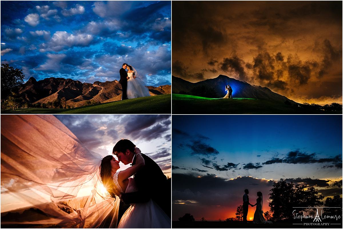 Bride and groom sunset wedding portraits at Coronado country club wedding venue in el paso texas by stephane lemaire photography