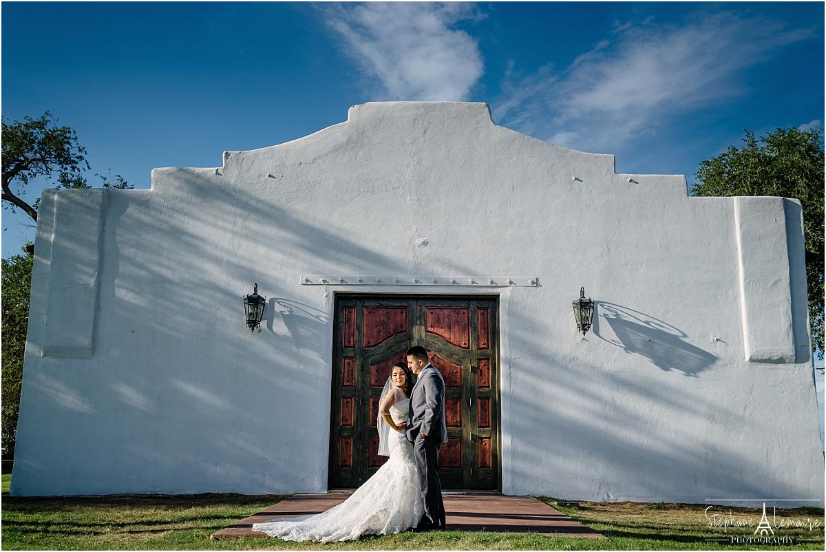 Bride and groom wedding portrait at Los Portales wedding venue in el paso texas by stephane lemaire photography