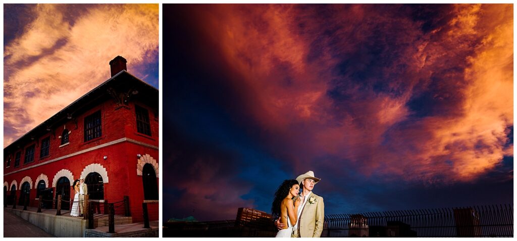 bride and groom portrait during sunset at saint rogers depot in el paso texas