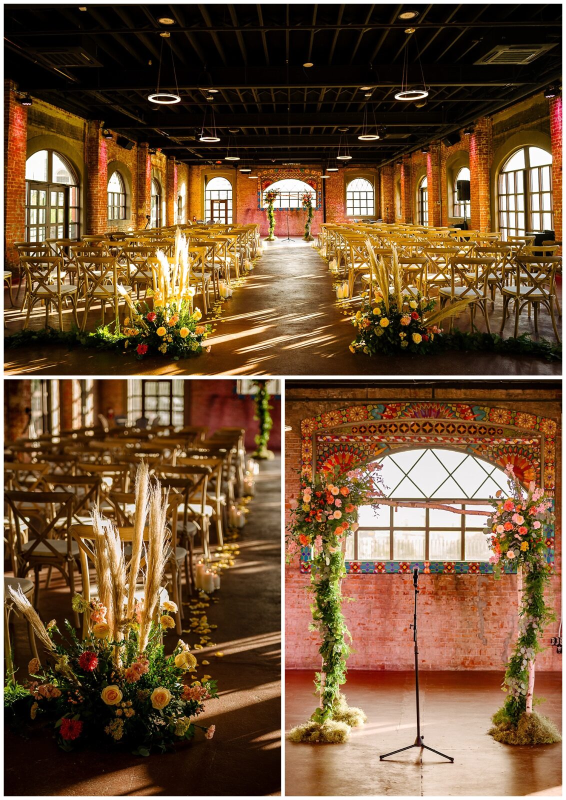Wedding flowers in the zuni room at ceremony at saint rogers depot in el paso texas