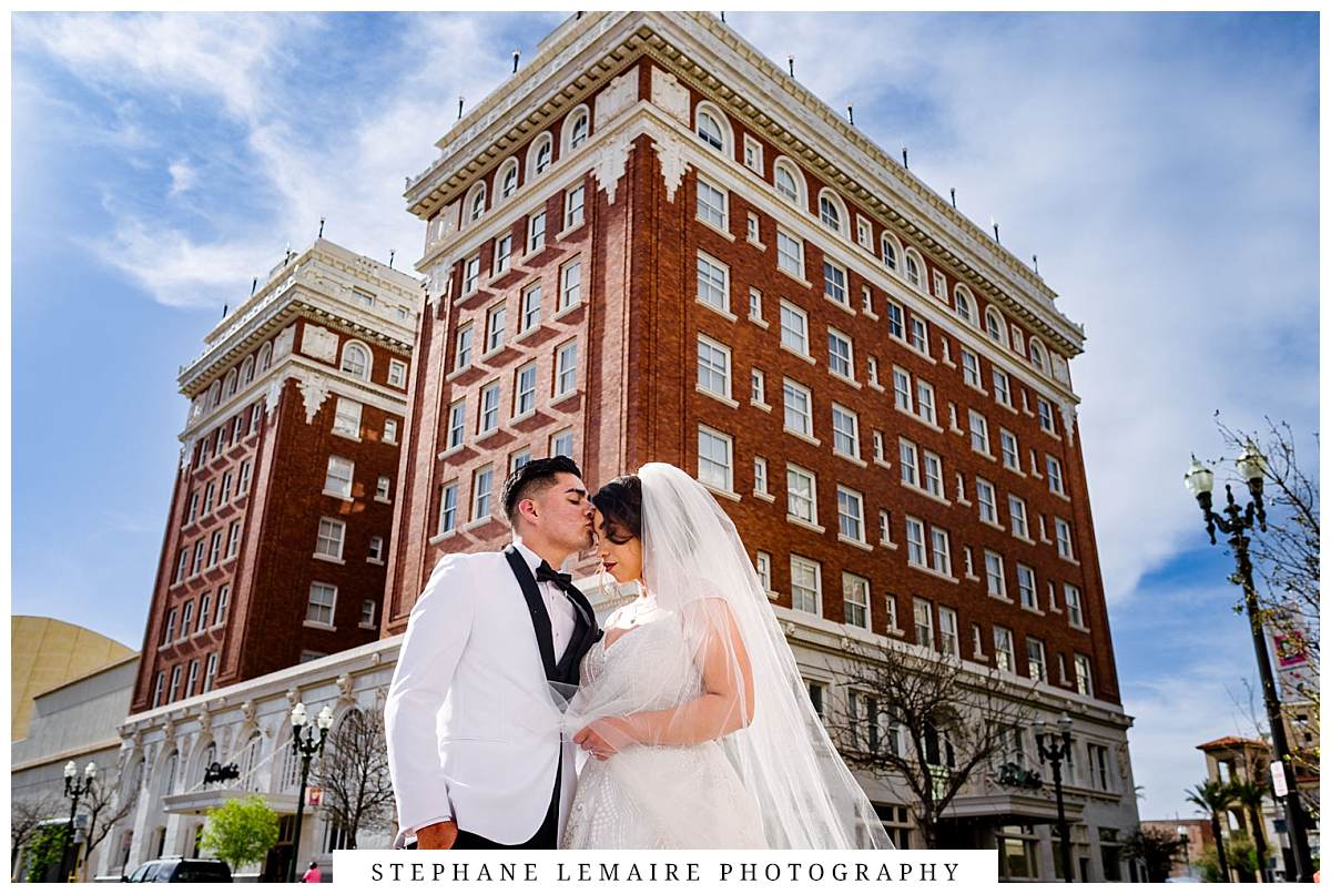 Bride and Groom in front of Paso Del Norte Hotel