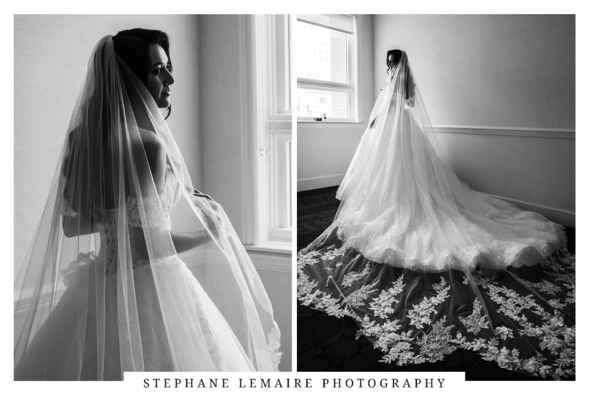 Black and white photo wearing her wedding dress at Hotel Paso Del Norte.